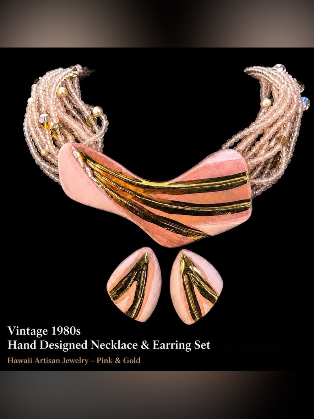 Vintage Hand Designed Unique Pink & Gold Statement Necklace and Earring Set